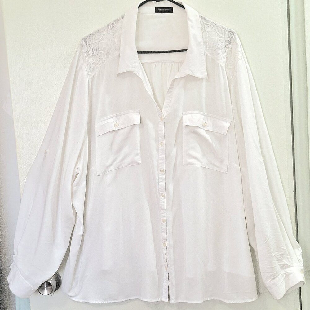 Spense Women Lace Trim Long Sleeve Shirt White 3X